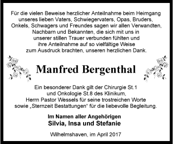 Traueranzeige von Manfred Bergenthal von Wilhelmshavener Zeitung