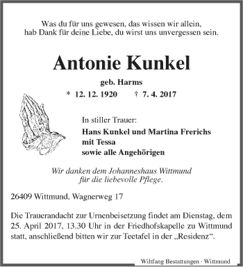 Traueranzeige von Antonie Kunkel von Anzeiger für Harlingerland