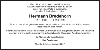 Traueranzeige von Hermann Bredehorn von Wilhelmshavener Zeitung