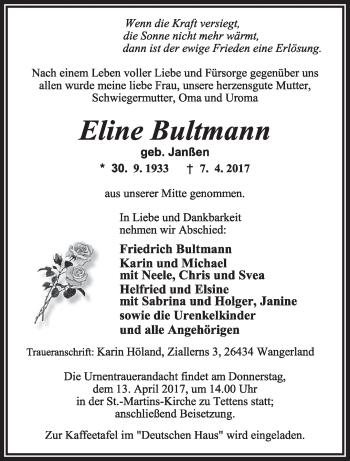 Traueranzeige von Eline Bultmann von Anzeiger für Harlingerland