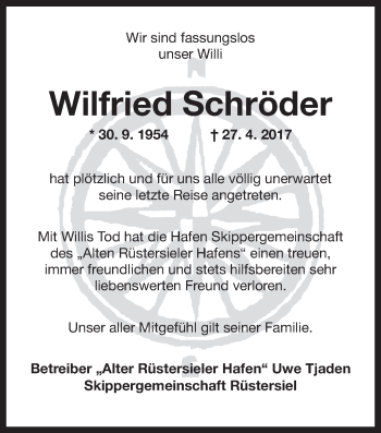 Traueranzeige von Wilfried Schröder von Wilhelmshavener Zeitung
