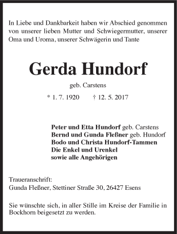 Traueranzeige von Gerda Hundorf von Rhein-Zeitung