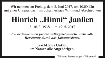 Traueranzeige von Hinrich Hinni Janßen von Rhein-Zeitung