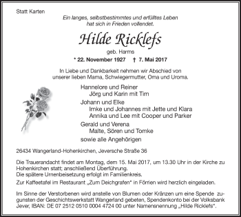 Traueranzeige von Hilde Ricklefs von Rhein-Zeitung