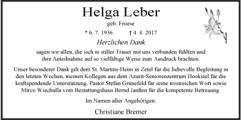 Traueranzeige von Helga Leber von Wilhelmshavener Zeitung
