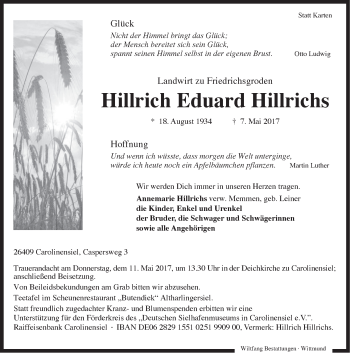 Traueranzeige von Hillrich Eduard Hillrichs von Rhein-Zeitung