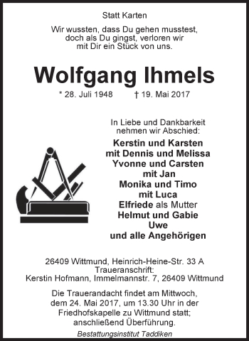 Traueranzeige von Wolfgang Ihmels von Rhein-Zeitung