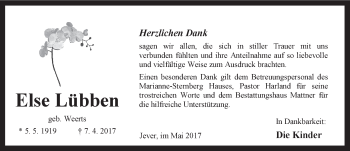 Traueranzeige von Else Lübben von Rhein-Zeitung