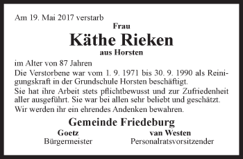 Traueranzeige von Käthe Rieken von Rhein-Zeitung