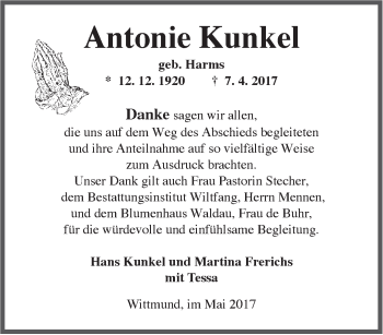 Traueranzeige von Antonie Kunkel von Rhein-Zeitung