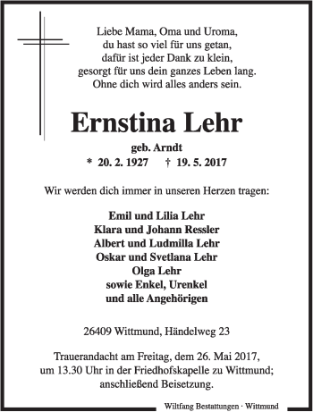 Traueranzeige von Ernstina Lehr von Rhein-Zeitung