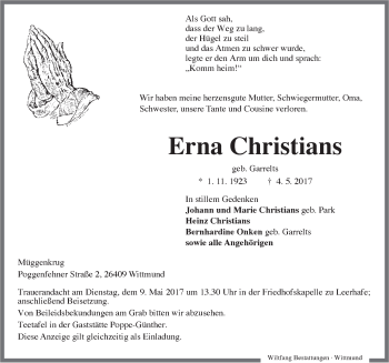 Traueranzeige von Erna Christians von Rhein-Zeitung