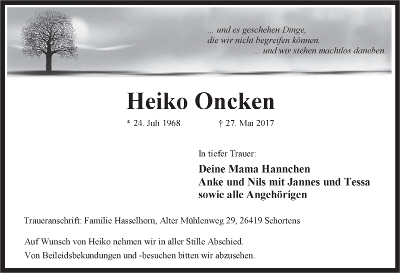  Traueranzeige für Heiko Oncken vom 31.05.2017 aus Rhein-Zeitung