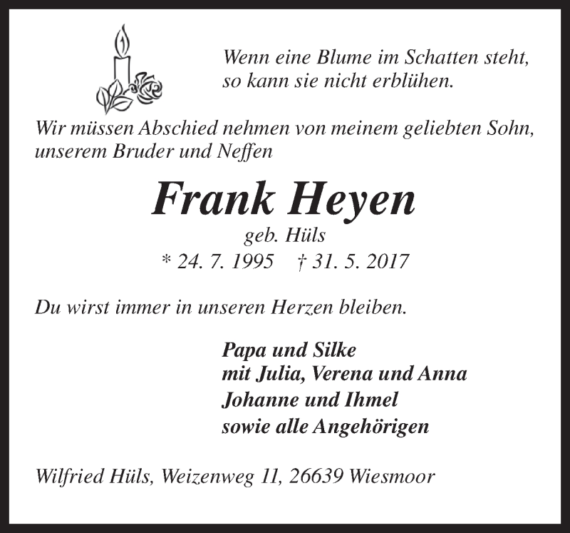 Traueranzeigen Von Frank Heyen Nordwest Trauer De