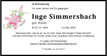 Traueranzeige von Inge Simmersbach von Wilhelmshavener Zeitung