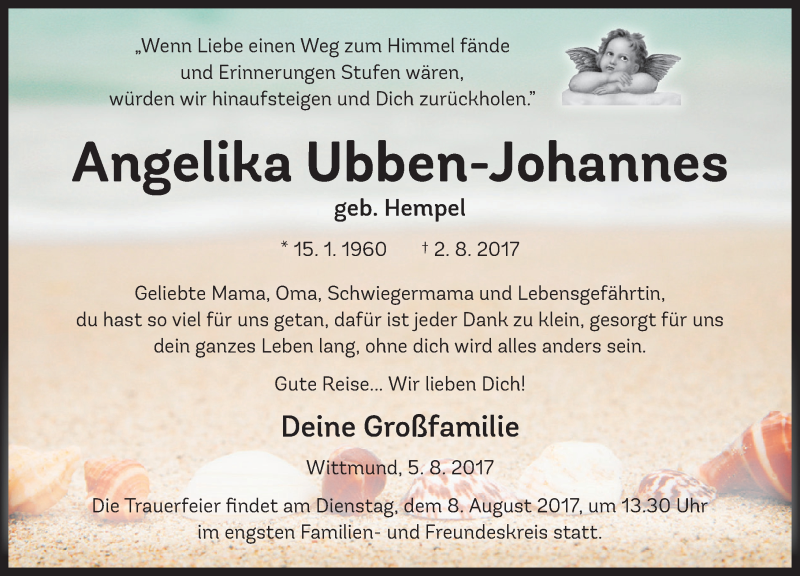  Traueranzeige für Angelika Ubben-Johannes vom 05.08.2017 aus Rhein-Zeitung