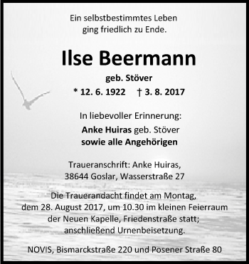 Traueranzeige von Ilse Beermann von Wilhelmshavener Zeitung
