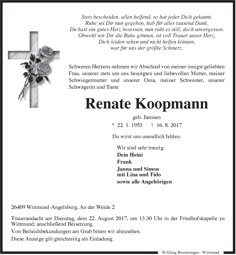  Traueranzeige für Renate Koopmann vom 18.08.2017 aus Rhein-Zeitung