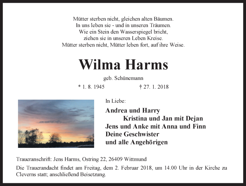  Traueranzeige für Wilma Harms vom 30.01.2018 aus Rhein-Zeitung