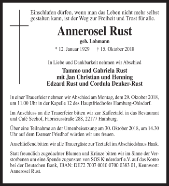 Traueranzeige von Annerosel Rust von Rhein-Zeitung