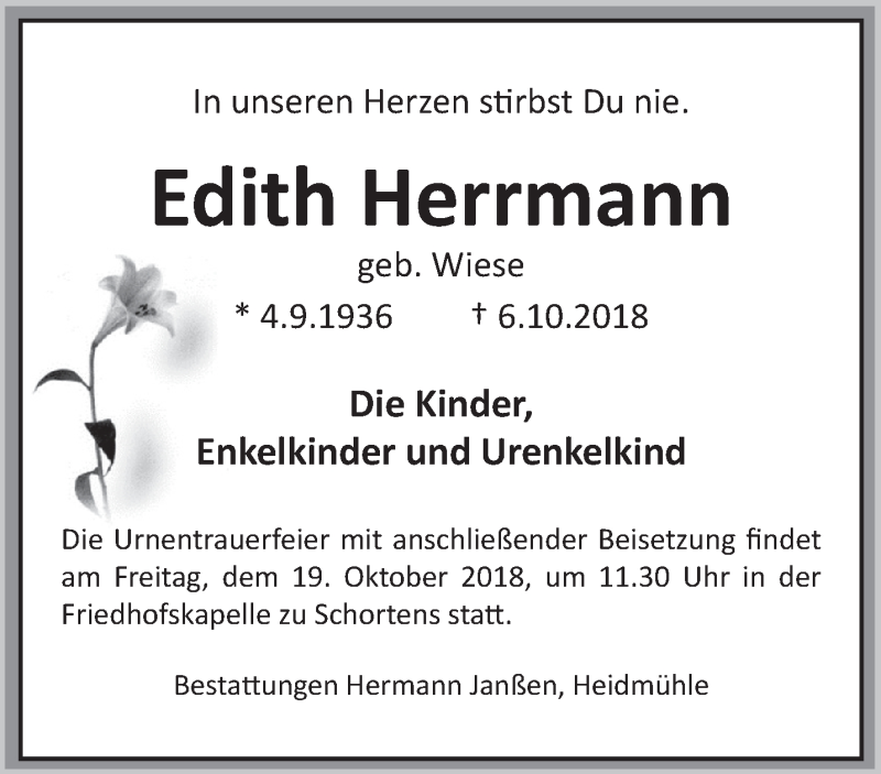  Traueranzeige für Edith Herrmann vom 13.10.2018 aus Rhein-Zeitung