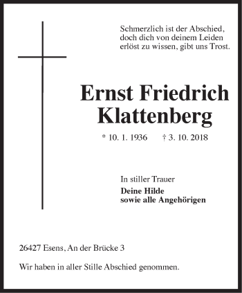 Traueranzeige von Ernst Friedrich Klattenberg von Rhein-Zeitung
