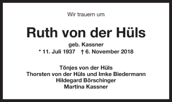 Traueranzeige von Ruth von der Hüls von Wilhelmshavener Zeitung