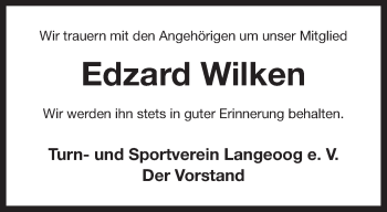 Traueranzeige von Edzard Wilken von Rhein-Zeitung