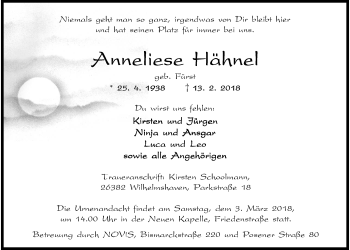 Traueranzeige von Anneliese Hähnel von Wilhelmshavener Zeitung