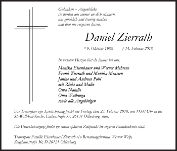 Traueranzeige von Daniel Zierrath von Wilhelmshavener Zeitung