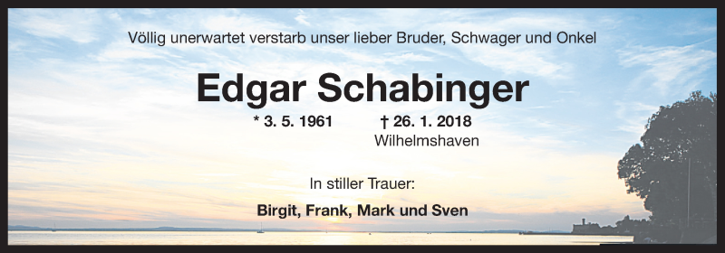  Traueranzeige für Edgar Schabinger vom 05.02.2018 aus Wilhelmshavener Zeitung