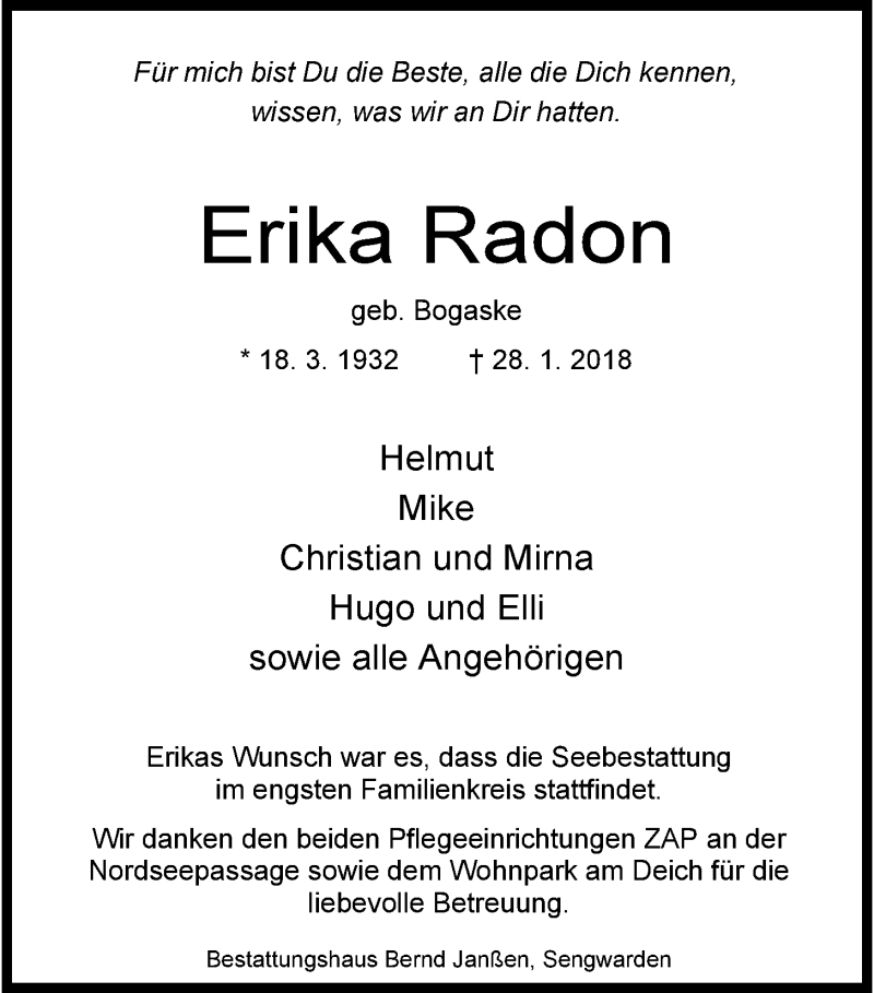  Traueranzeige für Erika Radon vom 03.02.2018 aus Wilhelmshavener Zeitung