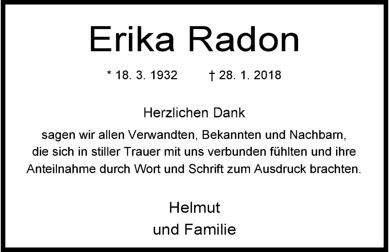  Traueranzeige für Erika Radon vom 17.02.2018 aus Wilhelmshavener Zeitung