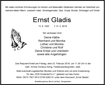 Traueranzeige von Ernst Gladis von Wilhelmshavener Zeitung