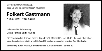 Traueranzeige von Folkert Gastmann von Wilhelmshavener Zeitung