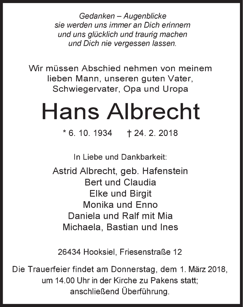  Traueranzeige für Hans Albrecht vom 26.02.2018 aus Rhein-Zeitung