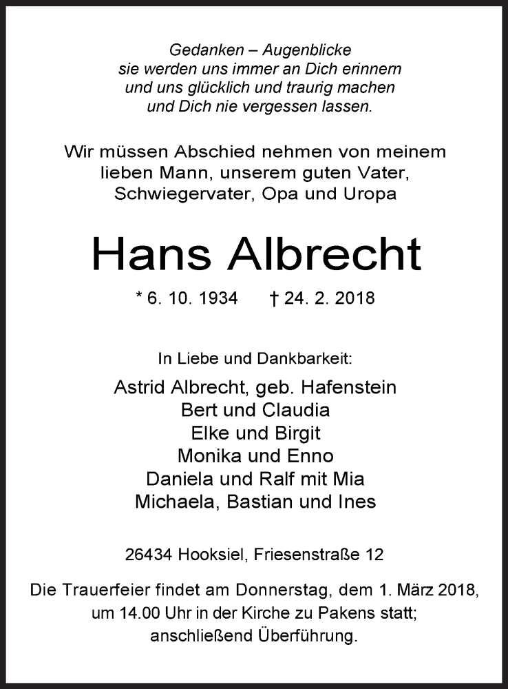  Traueranzeige für Hans Albrecht vom 27.02.2018 aus Wilhelmshavener Zeitung