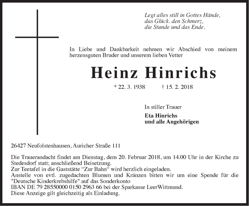  Traueranzeige für Heinz Hinrichs vom 17.02.2018 aus Rhein-Zeitung