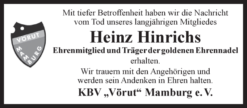  Traueranzeige für Heinz Hinrichs vom 20.02.2018 aus Rhein-Zeitung