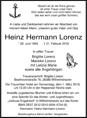 Traueranzeige von Heinz Hermann Lorenz von Wilhelmshavener Zeitung
