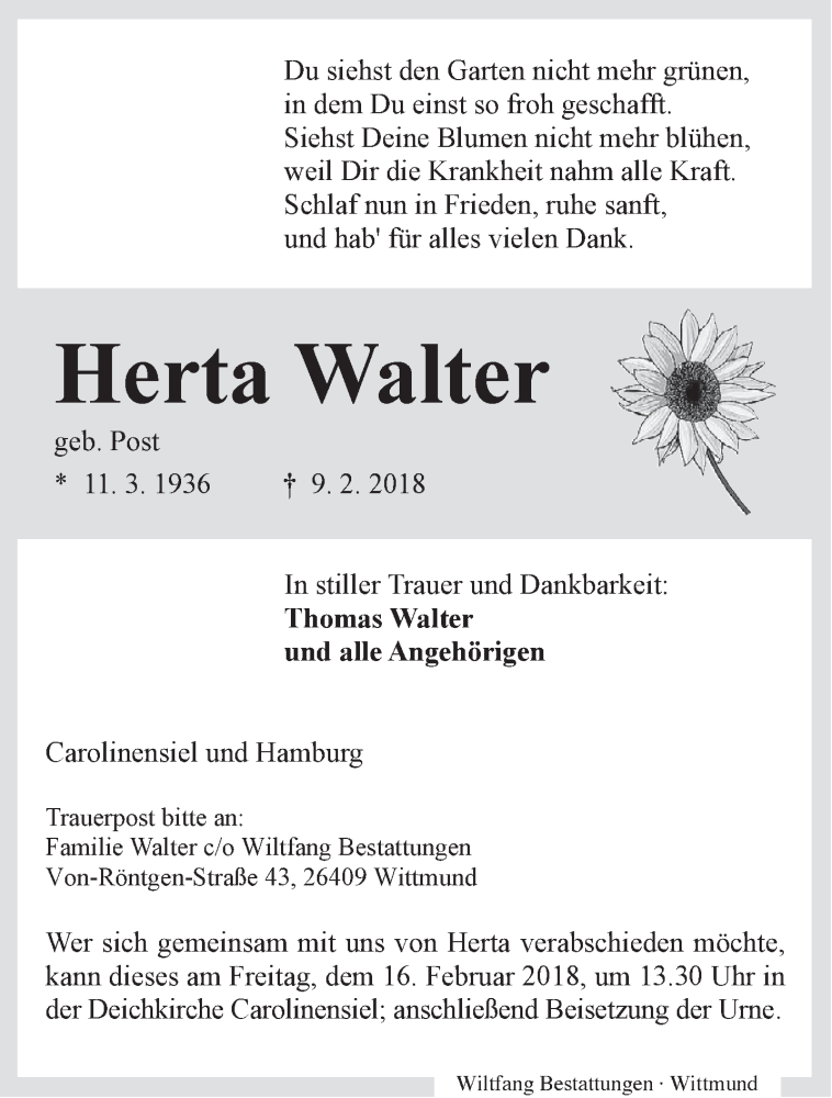  Traueranzeige für Herta Walter vom 13.02.2018 aus Rhein-Zeitung