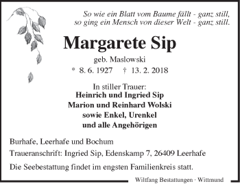 Traueranzeige von Margarete Sip von Rhein-Zeitung