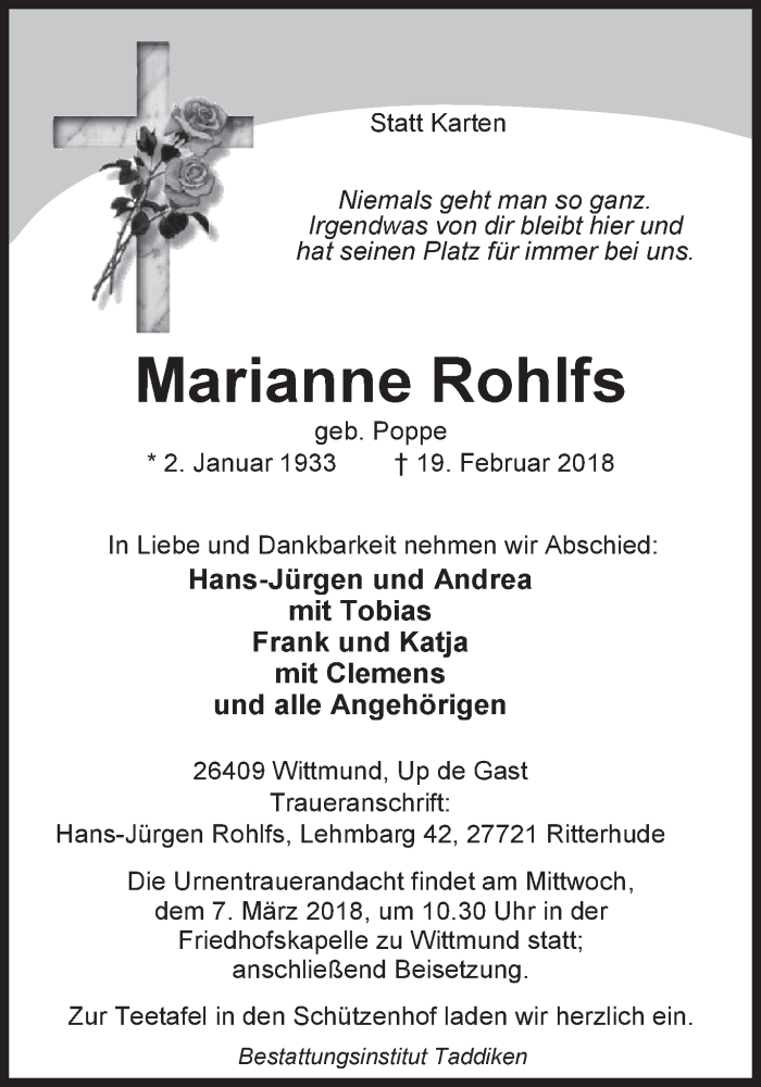  Traueranzeige für Marianne Rohlfs vom 22.02.2018 aus Rhein-Zeitung