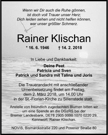 Traueranzeige von Rainer Klischan von Wilhelmshavener Zeitung