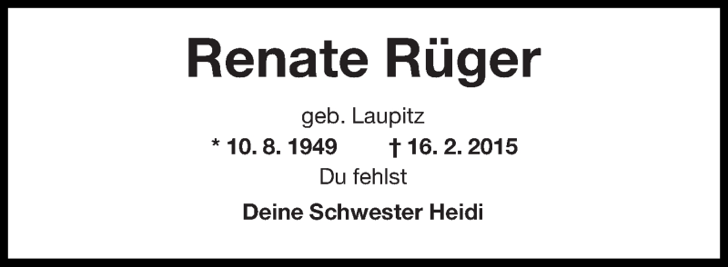  Traueranzeige für Renate Rüger vom 16.02.2018 aus Wilhelmshavener Zeitung