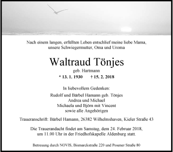 Traueranzeige von Waltraud Tönjes von Wilhelmshavener Zeitung