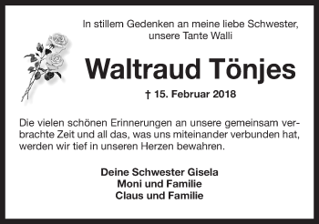 Traueranzeige von Waltraud Tönjes von Wilhelmshavener Zeitung
