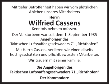 Traueranzeige von Wilfried Cassens von Rhein-Zeitung