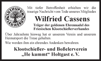 Traueranzeige von Wilfried Cassens von Rhein-Zeitung