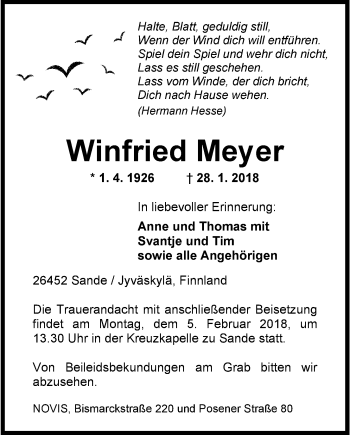 Traueranzeige von Winfried Meyer von Wilhelmshavener Zeitung